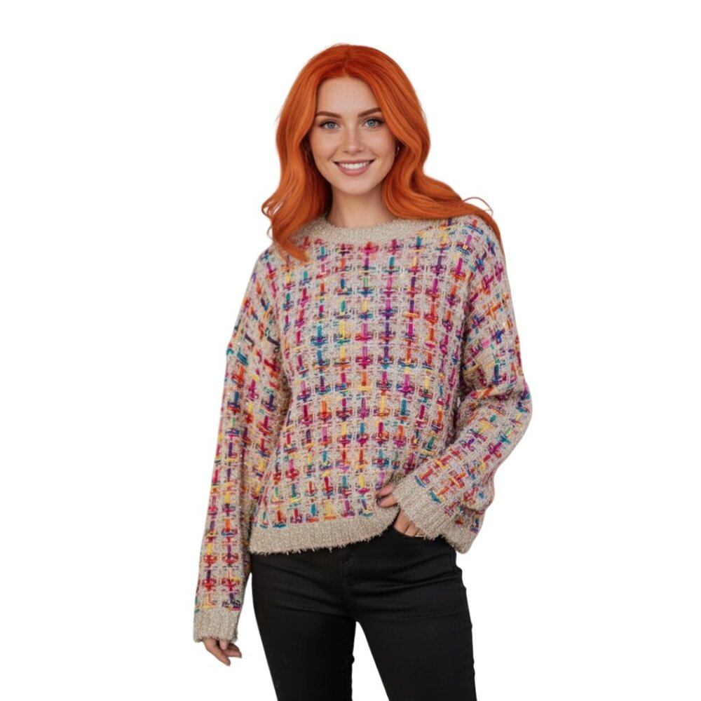 Marc New York NWT Metallic Multicolored Sweater L Dopamine Dressing Tinsel Fun